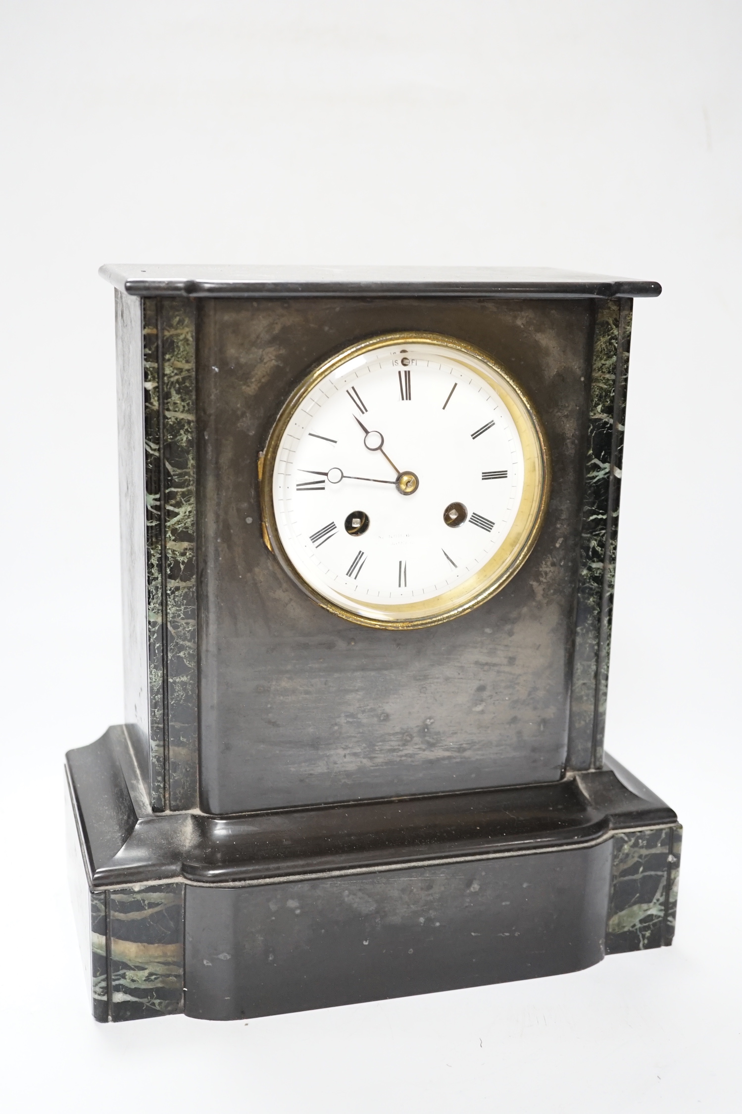 A black slate and marble mantle clock, 6.5cm high